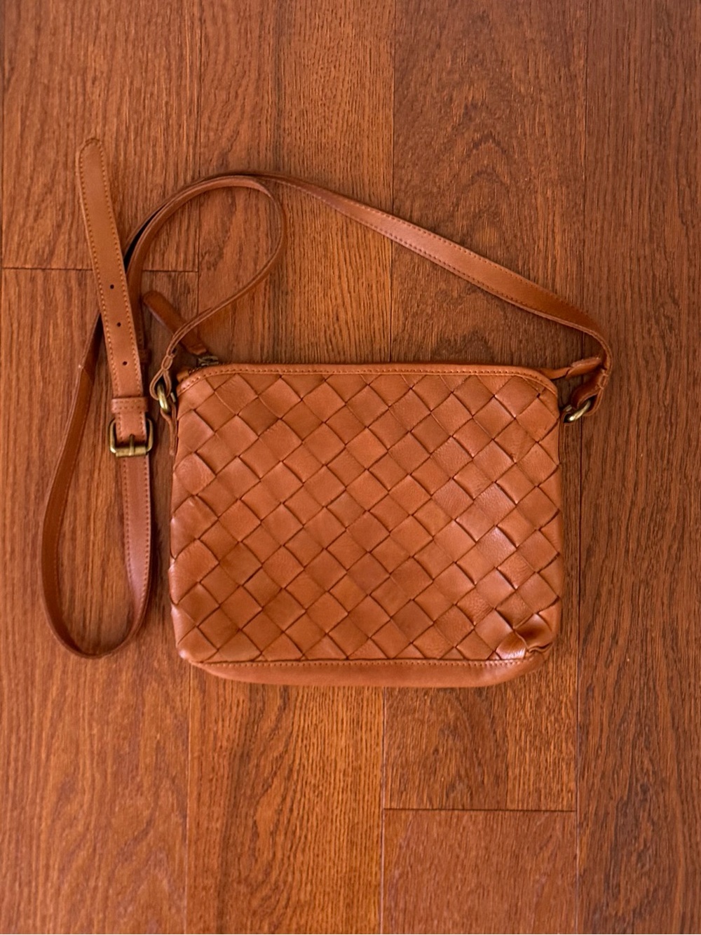 Vilenca Holland Cognac Woven Genuine Leather Crossbody Bag